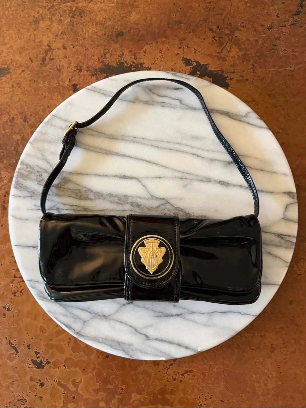Vintage Gucci Black Patent Leather Clutch with Gold Crest
